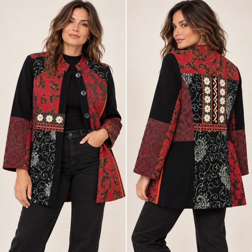 Chicos Patchwork Jacquard Jacket Size 2 Red Black Embroidered Artsy Boho Coat L